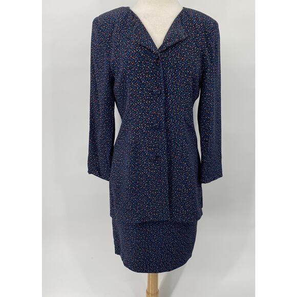 Vintage 80s Silk 2 Skirt Set 2 Piece Polka Dot Blouse/Jacket & Skirt Navy Blue 6 - Picture 2 of 12